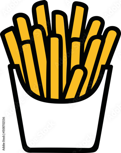 Illustration of french fries in a white carton with bold outline design. Vector illustration