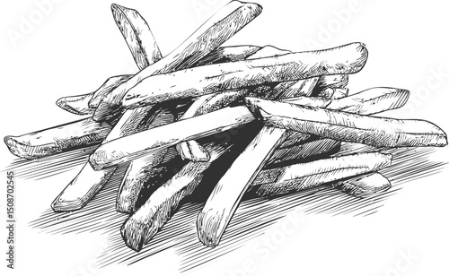 Hand-drawn black and white sketch of french fries in a pile, retro style art. Vector illustration