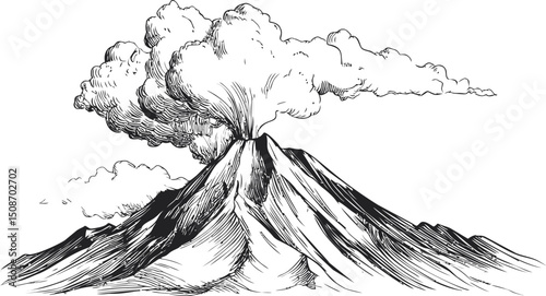 Sketch of erupting volcano with clouds of smoke. Vector illustration
