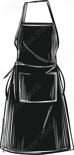 Black and white illustration of an apron with front pocket. Vector illustration