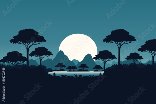 minimalistic tropical landscape with tree silhouettes and mountain view in dark blue tones vector illustration.