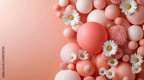 blush and coral-toned balloon arch gracefully styled near daisies in minimal pots, warm ambient light enhances cream surface reflections and light stucco wall tones