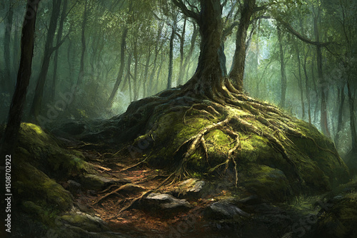 Tranquil forest visual of roots hugging grounded rock photo