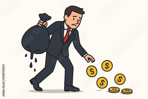 Leaky Bag Symbolizing Financial Loss and Economic Drainage Concept Illustration with Falling Coins and Money Icon