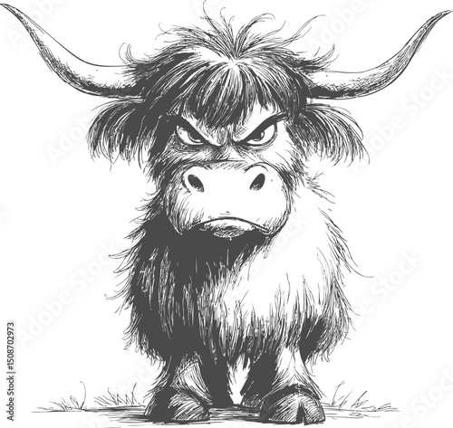 Sketch of a grumpy yak with long horns and shaggy fur in black and white. Vector illustration