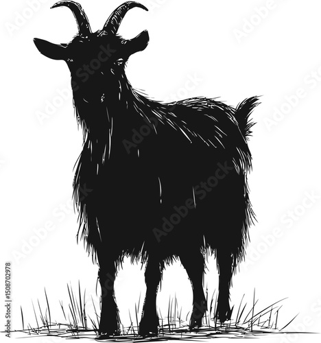 Silhouette of a goat with horns standing on grass in black and white sketch. Vector illustration