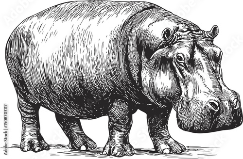 Detailed black and white illustration of a standing hippopotamus. Vector illustration