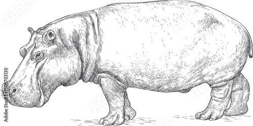 Detailed black and white sketch of a walking hippopotamus side view. Vector illustration