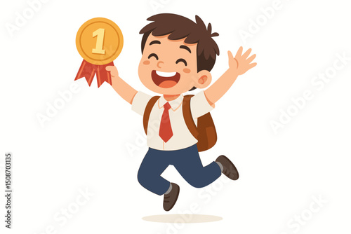 Overjoyed Schoolboy Celebrates Academic Success with Raised Fists | Achieving Goals, Education Concept, Future Leader, Student Achievement, Happy Kid
