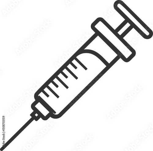 Black and white outline of a medical syringe with measurement markings. Vector illustration