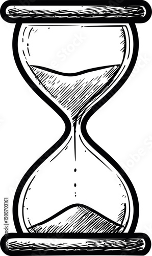 Black and white sketch of an hourglass with flowing sand illustration. Vector illustration