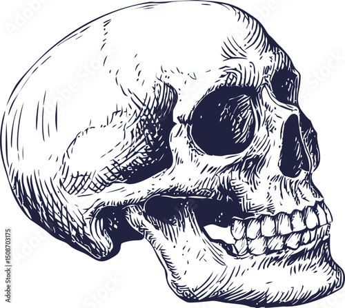Detailed monochrome illustration of a human skull facing right. Vector illustration