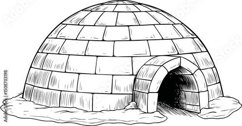 Black and white illustration of an igloo with entrance on snowy ground. Vector illustration