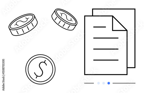 Coins with dollar signs and stacked documents evoke a sense of finance, accounting, transactions, and record keeping. Ideal for business, contracts, investment, budgeting, banking financial