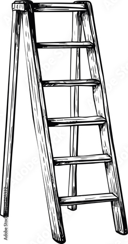 Wooden stepladder illustration in detailed black and white sketch style. Vector illustration