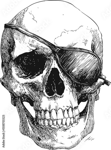 Detailed skull with eyepatch in monochrome illustration, concept of pirate undead. Vector illustration