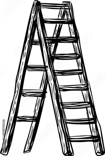 Wooden stepladder in black and white sketch. Vector illustration
