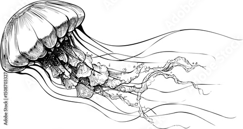 Illustration of a jellyfish with flowing tentacles, detailed black outlines. Vector illustration