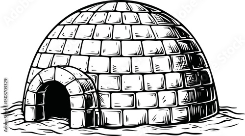 Detailed black and white illustration of an igloo with brick texture. Vector illustration