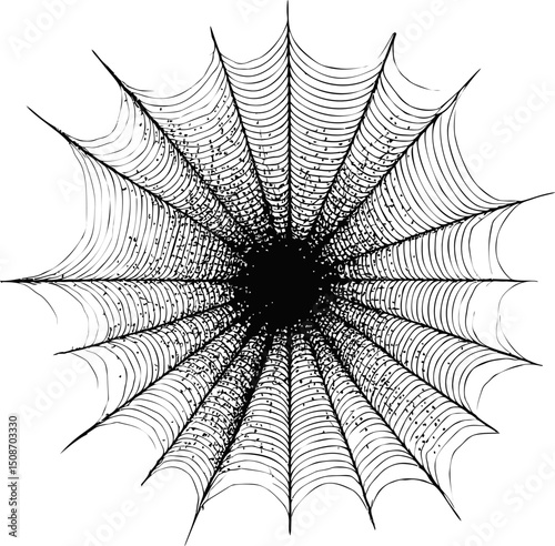 Intricate symmetrical spider web pattern with droplets of morning dew. Vector illustration