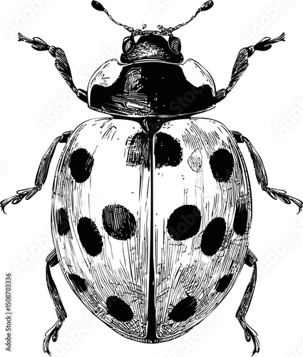 Detailed ladybug illustration in black and white with intricate patterns. Vector illustration