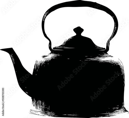 Silhouette of a classic teapot with curved handle and spout in black ink style. Vector illustration