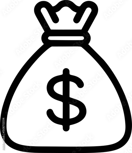 Line art of a money bag with dollar sign symbolizing wealth and savings. Vector illustration
