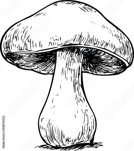Detailed black and white sketch of a mushroom with shading, artistic illustration. Vector illustration