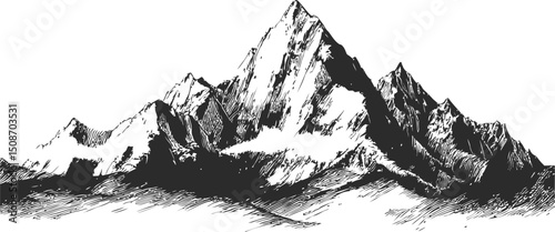 Black and white sketch of a majestic mountain range with detailed shading. Vector illustration