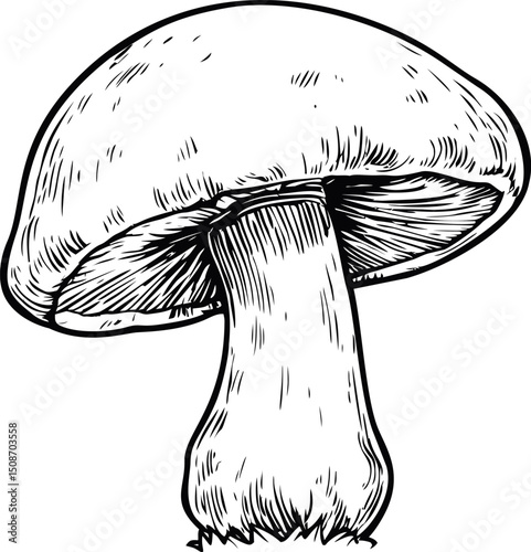 Detailed black and white line drawing of a single mushroom with intricate texture. Vector illustration