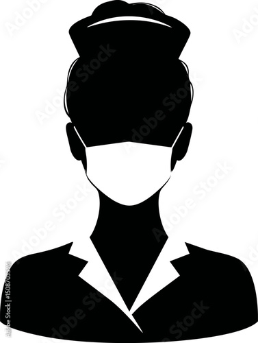 Silhouette of nurse in mask and uniform in minimalistic black and white style. Vector illustration