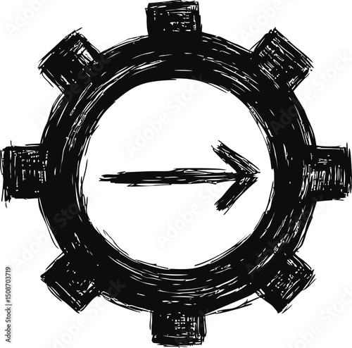Black sketch of a gear with an arrow pointing right, symbolizing progress. Vector illustration