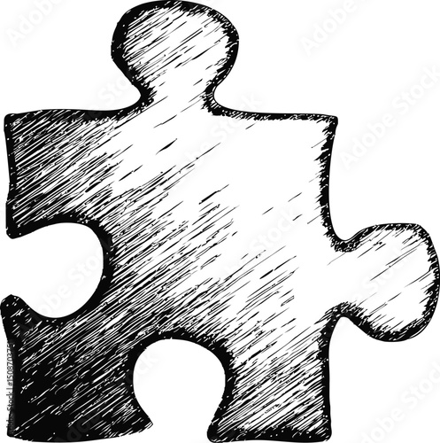 Black and white sketch of puzzle piece with texture details, abstract drawing. Vector illustration