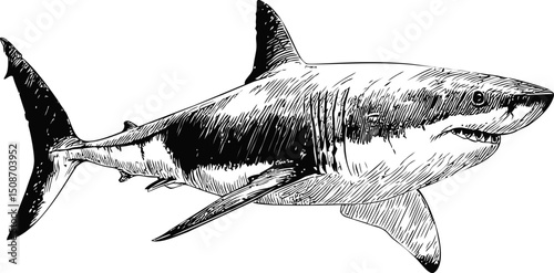 Illustrated great white shark in black and white, marine life illustration. Vector illustration