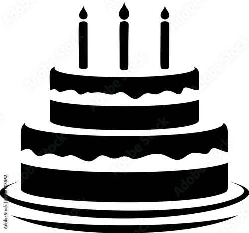 Black and white silhouette of a birthday cake with three candles. Vector illustration