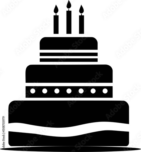 Silhouette of a three-tier cake with candles in black and white illustration. Vector illustration