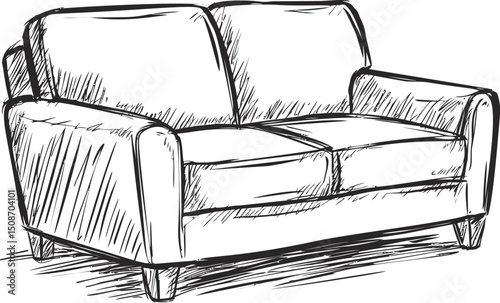 Black and white sketch of a two-seater sofa with detailed line art. Vector illustration