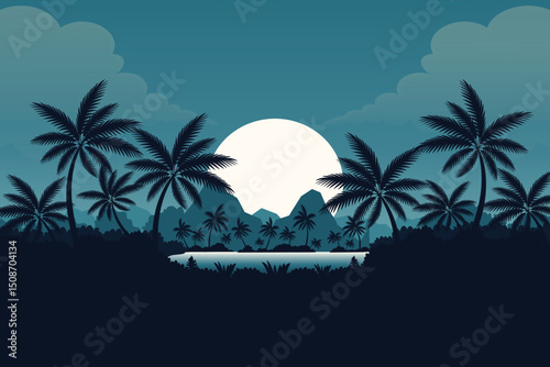 tropical landscape with palm silhouettes moon and mountain view in blue tones vector illustration.