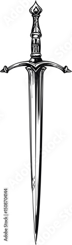 Illustration of a medieval sword with ornate hilt in black and white design. Vector illustration