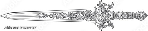 Intricately designed sword with floral patterns on blade and hilt illustration. Vector illustration