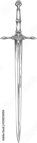 Detailed black and white illustration of a medieval sword with ornate hilt. Vector illustration