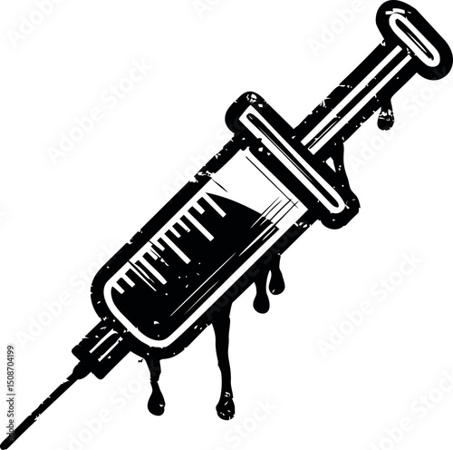 Black and white grunge syringe illustration with dripping liquid. Vector illustration