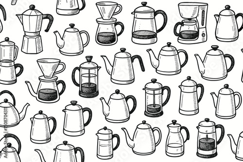 Seamless Coffee Maker Pattern with Modern Appliances and Brewing Equipment Illustration for Café and Coffee Shop Design Background