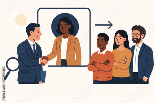 Vector Illustration of Inclusive Hiring Process: Diverse Team Onboarding a New Employee, Business Recruitment Concept with Handshake and Multicultural Workforce Collaboration.