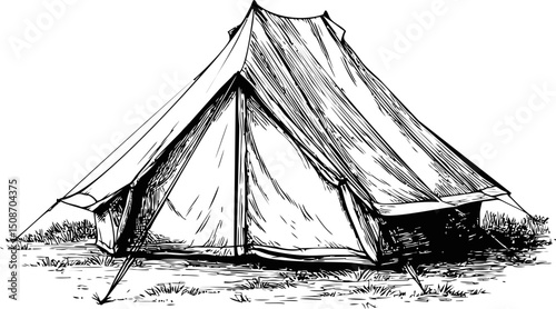 Sketch of a vintage camping tent with detailed fabric and stakes on grass. Vector illustration
