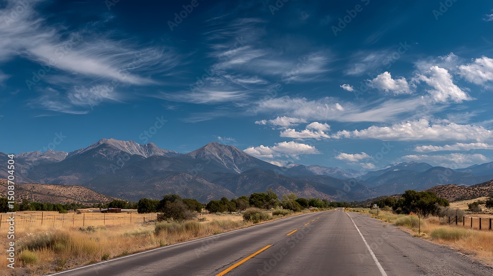Naklejka premium 산과 하늘이 어우러진 시골 도로 풍경 AI 생성