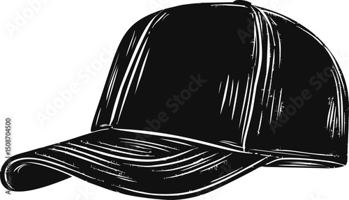 Black and white sketch of a classic baseball cap with intricate shading. Vector illustration
