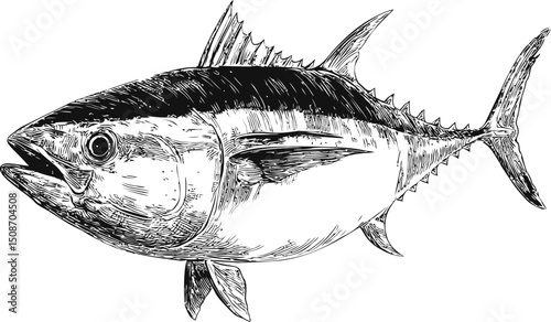 Black and white illustration of a tuna fish with detailed anatomy drawing. Vector illustration