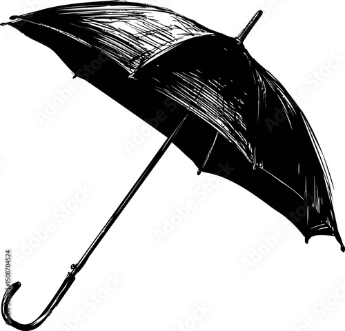 Black and white sketch of an open umbrella illustration. Vector illustration