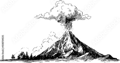Detailed black and white sketch of erupting volcano with smoke plume. Vector illustration